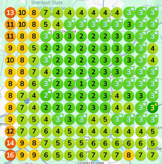GeoGrid scan after the work: the same 13 by 13 grid, now mostly green. The center of the service area shows rankings of 1, 2 and 3, mid ranks of 4 to 8 toward the west, and the weakest points in the low teens only at the far corners.