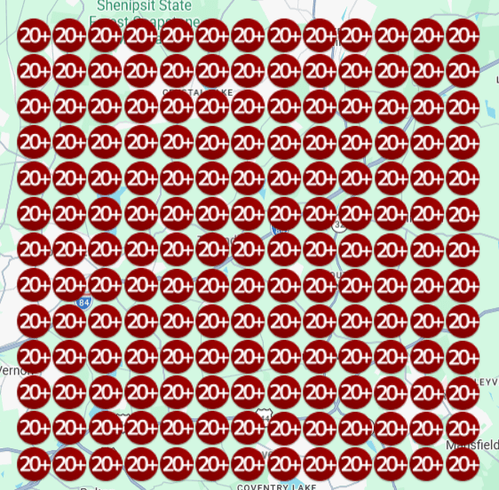 GeoGrid scan before the work: a 13 by 13 grid of measurement points covering the whole service area, every single point colored dark red and labeled 20+, meaning the business ranked twentieth or worse everywhere.