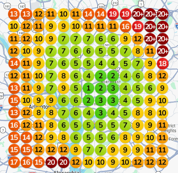 A GeoGrid covering a whole metro area. At the center the business ranks 1, 2 and 3, shown in green. Moving outward the ranks climb through 4 to 8 in yellow-green, then 9 to 15 in orange, and reach 20 or worse in dark red at the outer edges of the map.