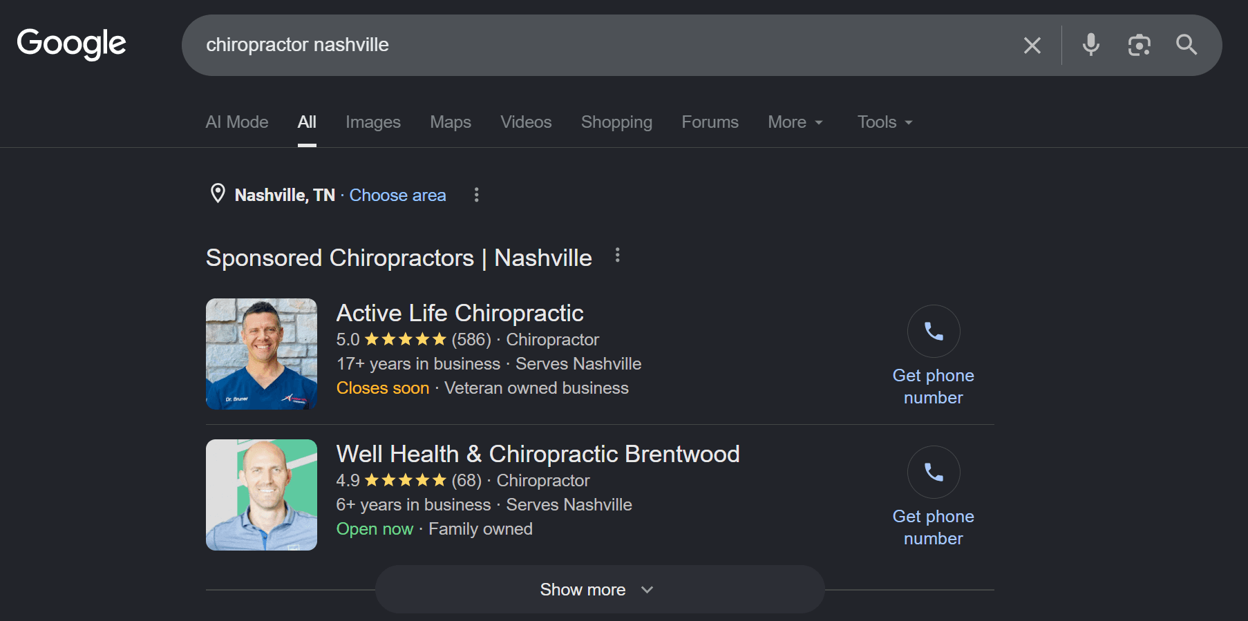 A Google search for 'chiropractor nashville'. Above everything else sits a block headed Sponsored Chiropractors, Nashville, listing Active Life Chiropractic with 5.0 stars from 586 reviews and 17+ years in business, and Well Health and Chiropractic Brentwood with 4.9 stars from 68 reviews, each with a Get phone number button inside the ad.