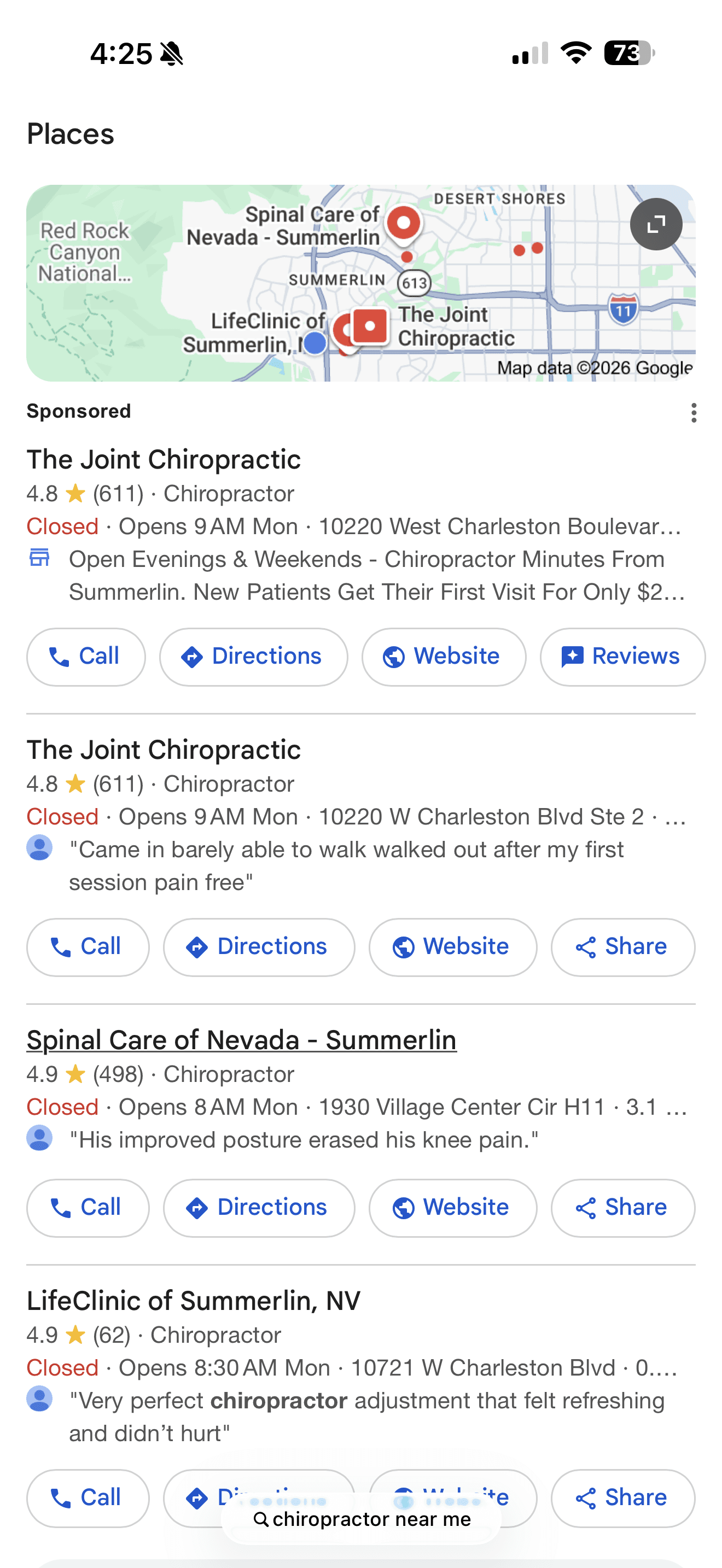A phone screenshot of a Google search for 'chiropractor near me' in Summerlin, Las Vegas. A map sits at the top, then a Sponsored listing, then three chiropractic practices — each with a star rating, review count, opening hours and Call, Directions and Website buttons.